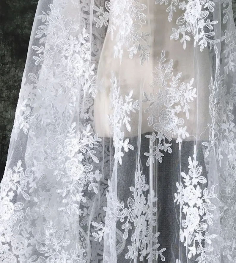 Embroidery Veil - 화이트 빈티지 꽃 자수 레이스 원단