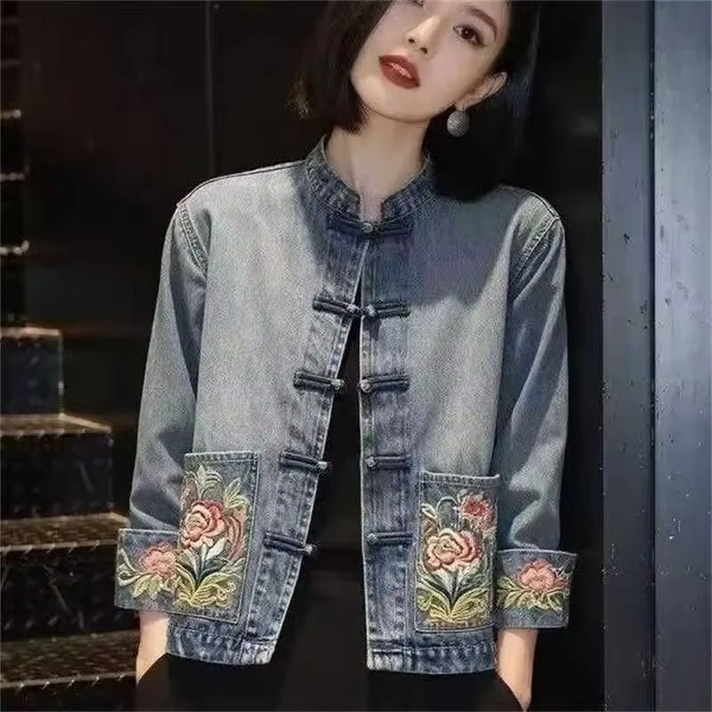 Embroidery Jeans - 봄 가을 아름다운 자수 카우보이 코트