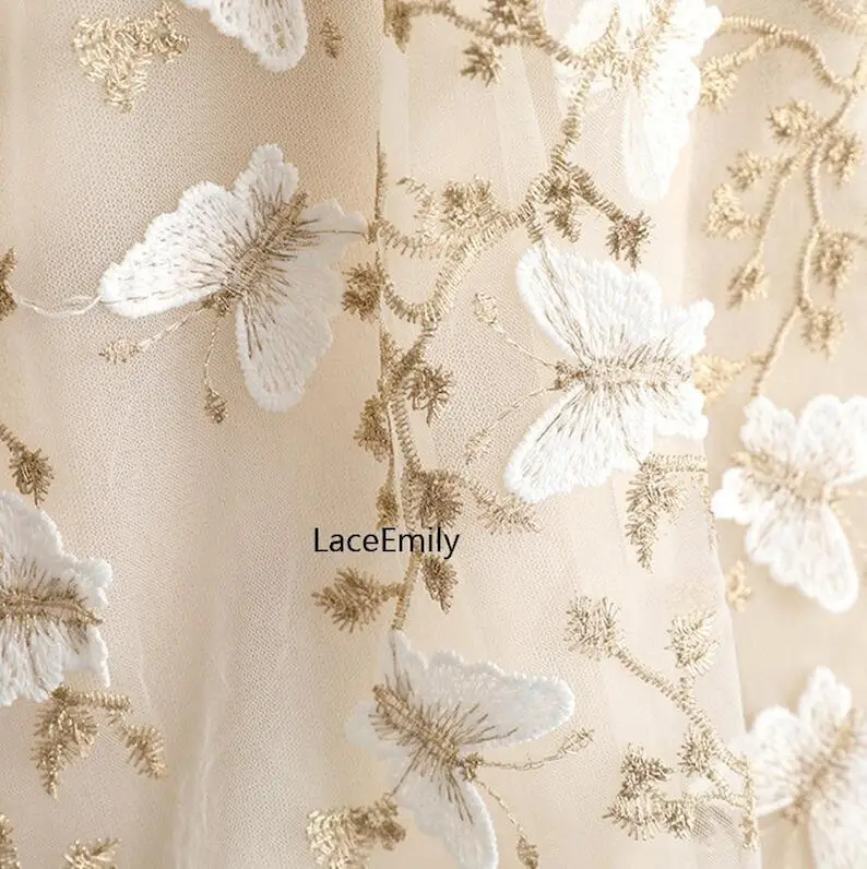 Embroidery Veil - 3D 나비 레이스 원단, 골드 실