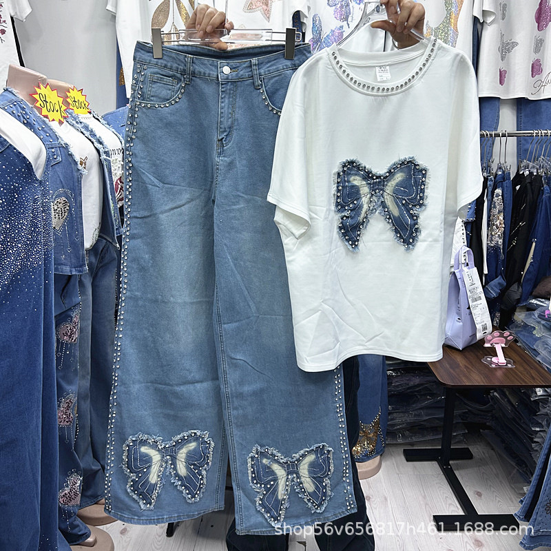 Embroidery Jeans - 새로운 봄 여름 루즈핏 여성 투피스