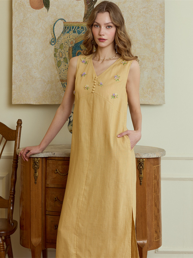Embroidery Yellow Dress - 86-98cm 바스트 사이즈 여성용 여름 롱