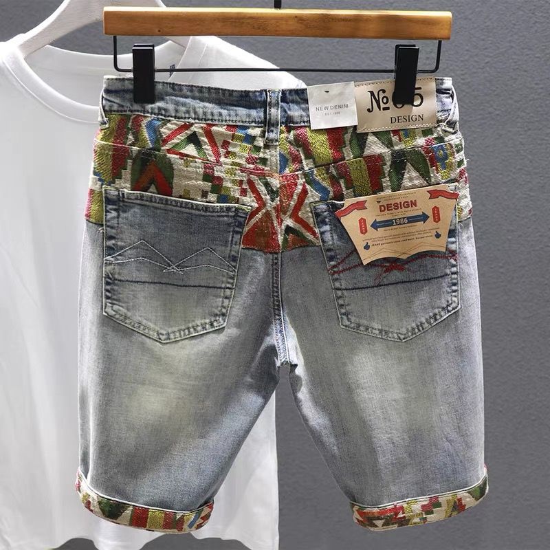 Embroidery Jeans - 남성용 셀비지 데님 반바지, 멀티 컬러