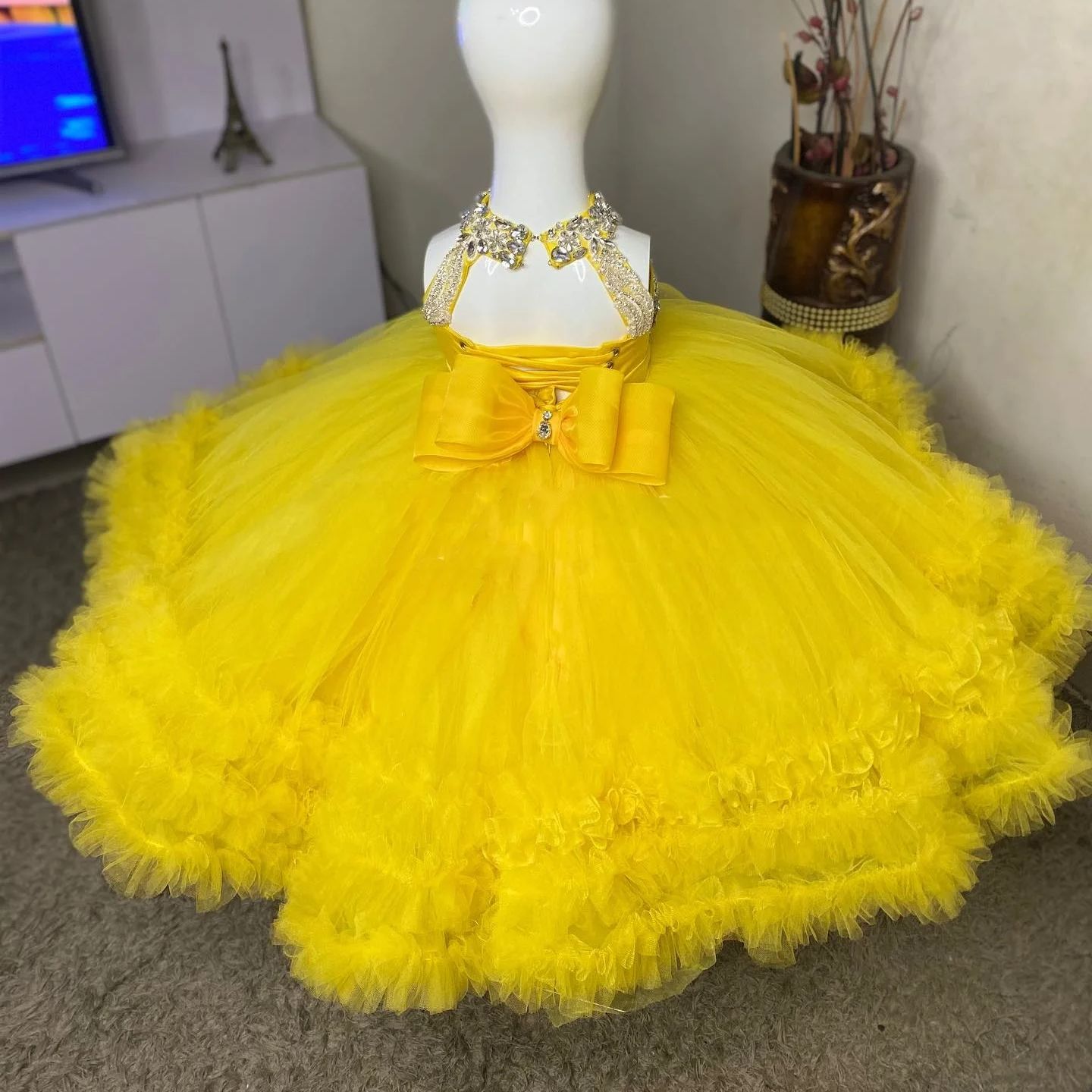 화려한 노란색 꽃의 소녀 드레스 민소매 Tulle 결혼 - Embroidery Yellow Dress 리뷰 및 가격