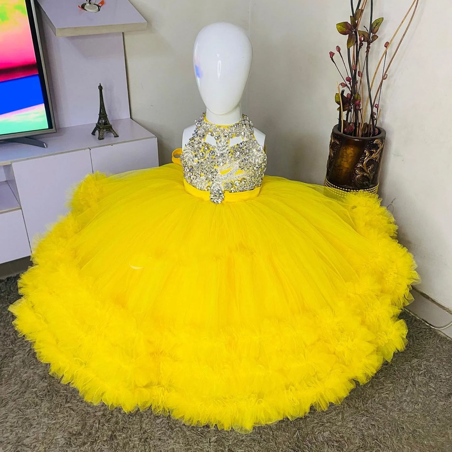 화려한 노란색 꽃의 소녀 드레스 민소매 Tulle 결혼 - Embroidery Yellow Dress 리뷰 및 가격