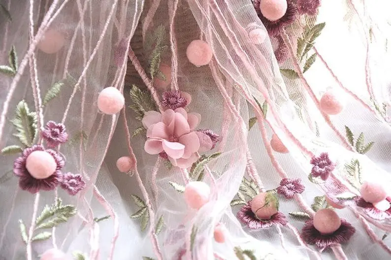 3D 시폰 꽃 폼폼 자수 레이스 원단 부드러운 핑크 그 - Embroidery Veil 리뷰 및 가격