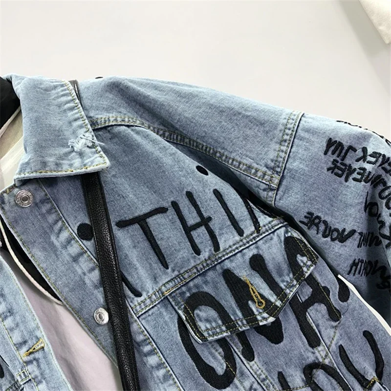 가을 한국어 편지 자수 데님 자켓 코트 여성 느슨한 중 - Embroidery Jeans 리뷰 및 가격