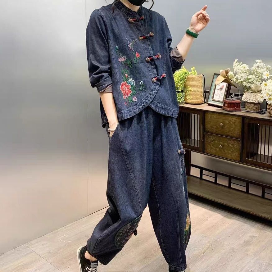 빈티지 단추 느슨한 자수 꽃 데님 패션 세트, 다용도  - Embroidery Jeans 리뷰 및 가격