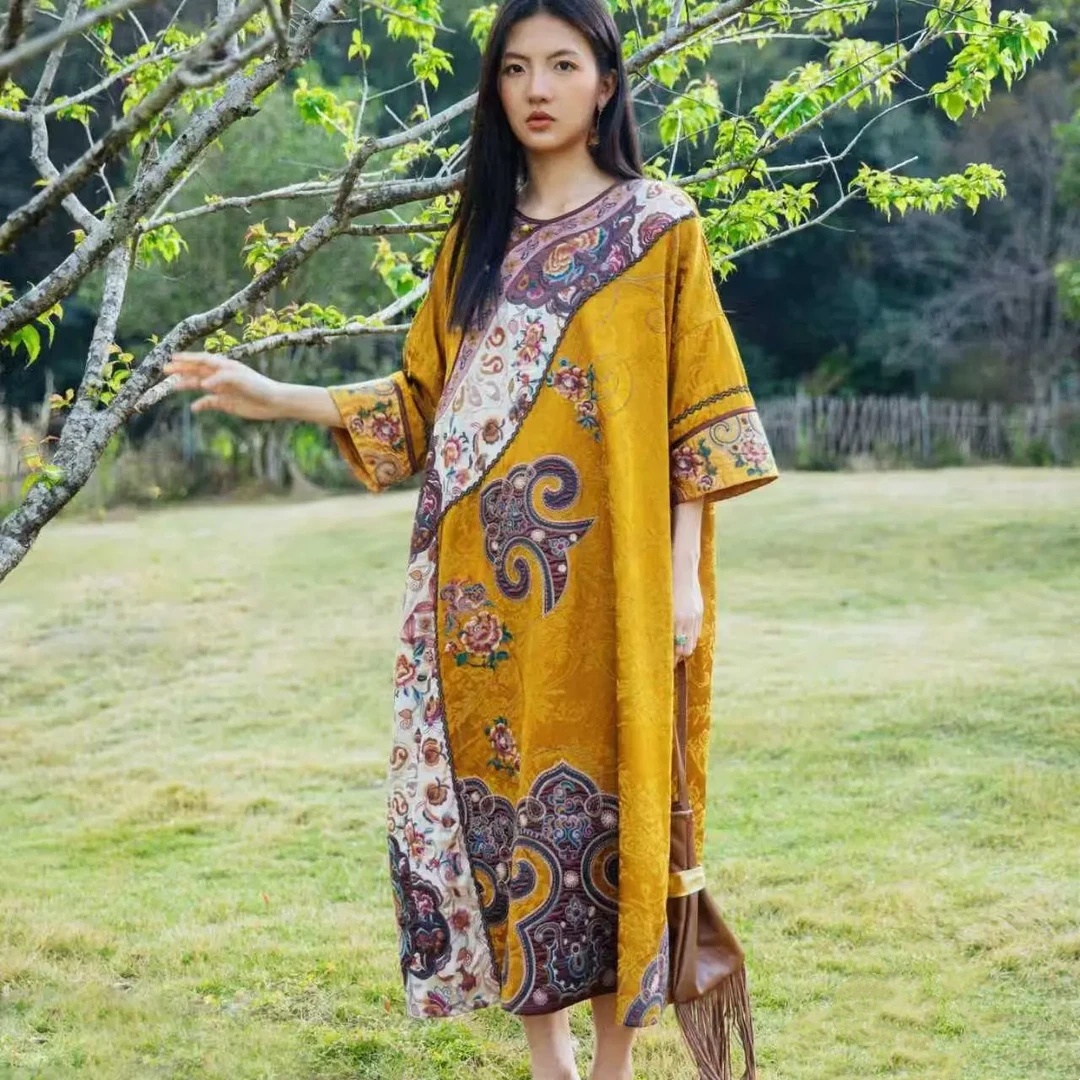 여성을위한 럭셔리 봄 가운 옐로우 레이온 느슨한 자수  - Embroidery Yellow Dress 리뷰 및 가격