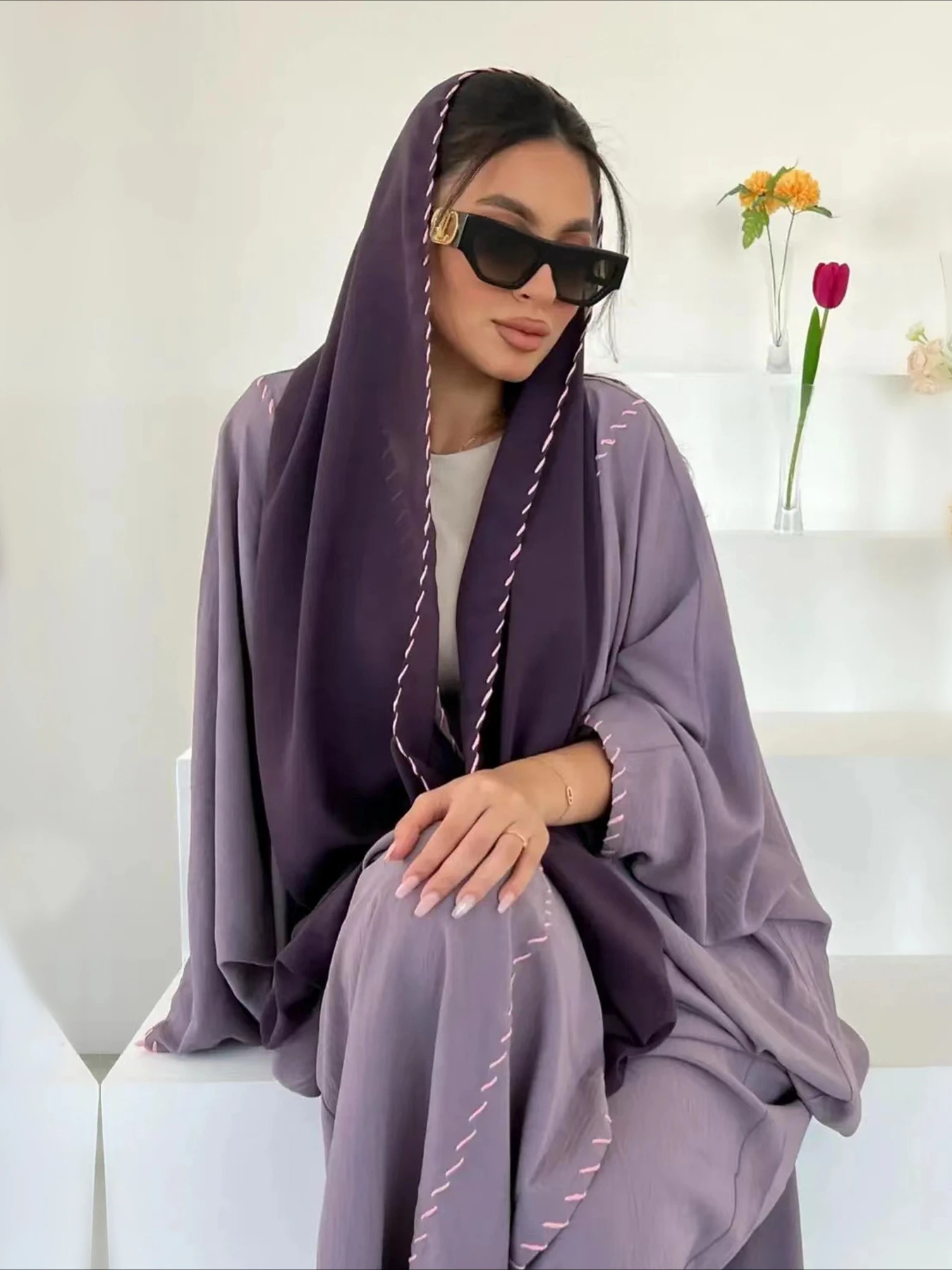 무슬림 여성 아바야 스카프가 달린 긴 카디건 2 종 세 - Embroidery Kaftan 리뷰 및 가격