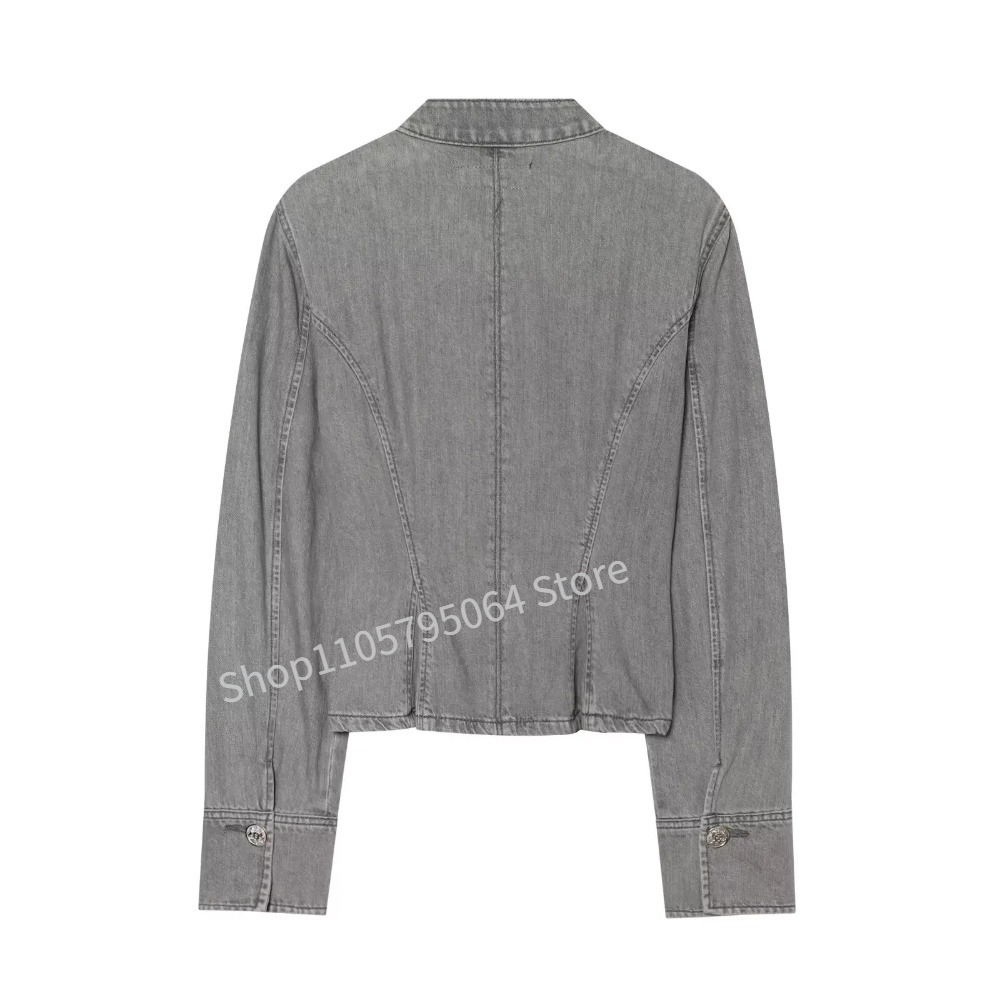 새로운 프랑스 스타일 레트로 그레이 데님 스탠드 칼라  - Embroidery Jeans 리뷰 및 가격