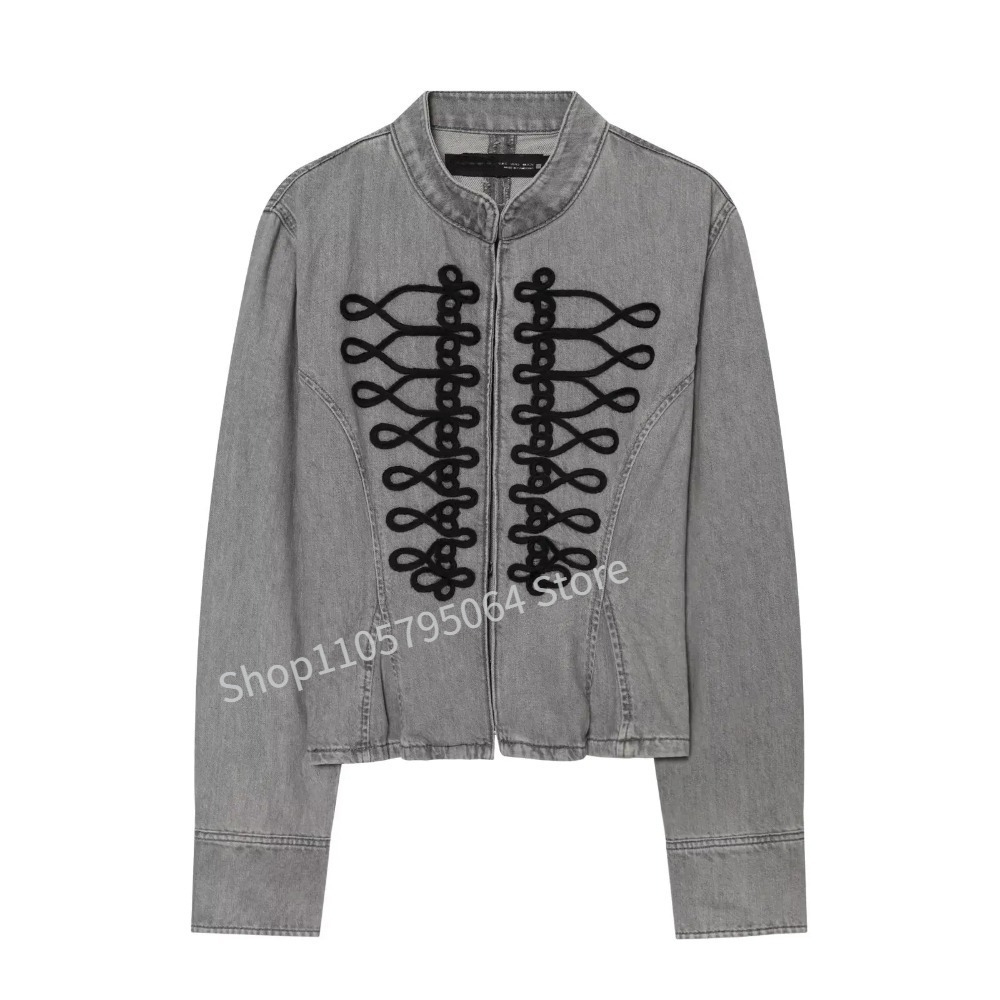 새로운 프랑스 스타일 레트로 그레이 데님 스탠드 칼라  - Embroidery Jeans 리뷰 및 가격