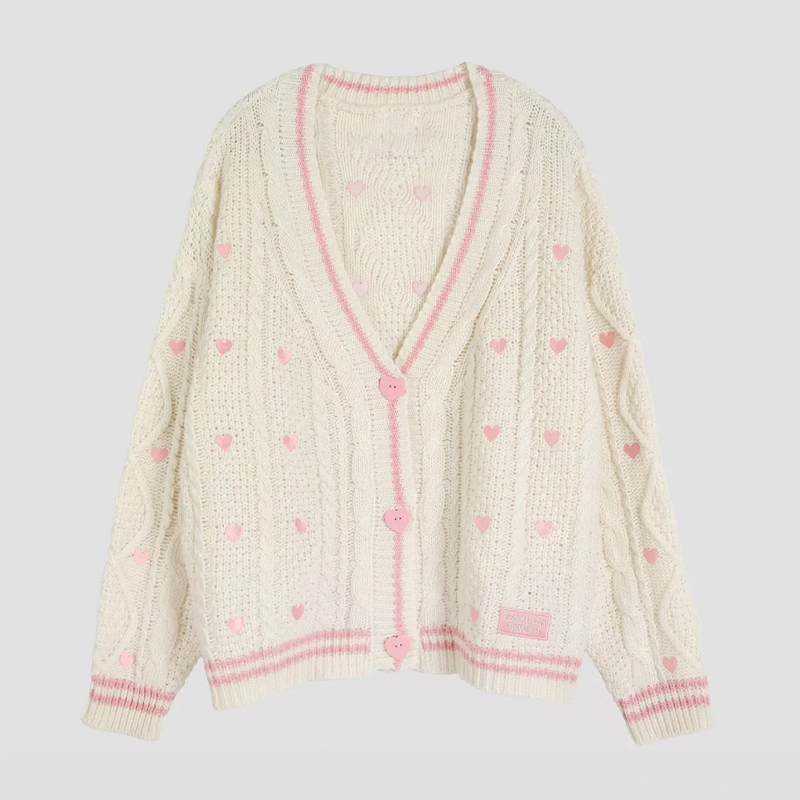 핑크 하트 버튼 자수 패치가 있는 연인 카디건 부드러운 - Embroidery Patch 리뷰 및 가격