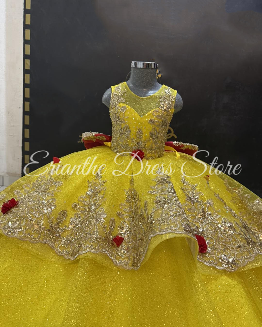 노란색 꽃무늬 소녀 드레스, 웨딩용 튤 퍼프, 빨간색  - Embroidery Yellow Dress 리뷰 및 가격