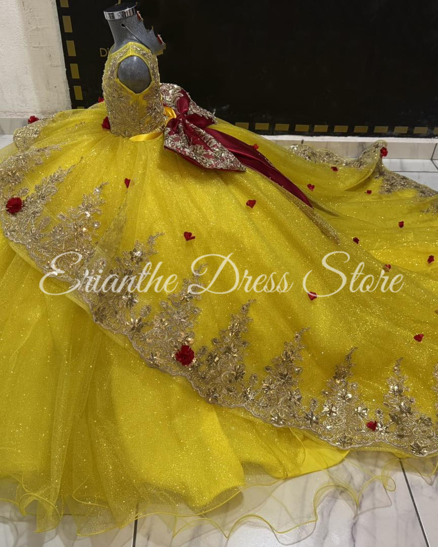 노란색 꽃무늬 소녀 드레스, 웨딩용 튤 퍼프, 빨간색  - Embroidery Yellow Dress 리뷰 및 가격